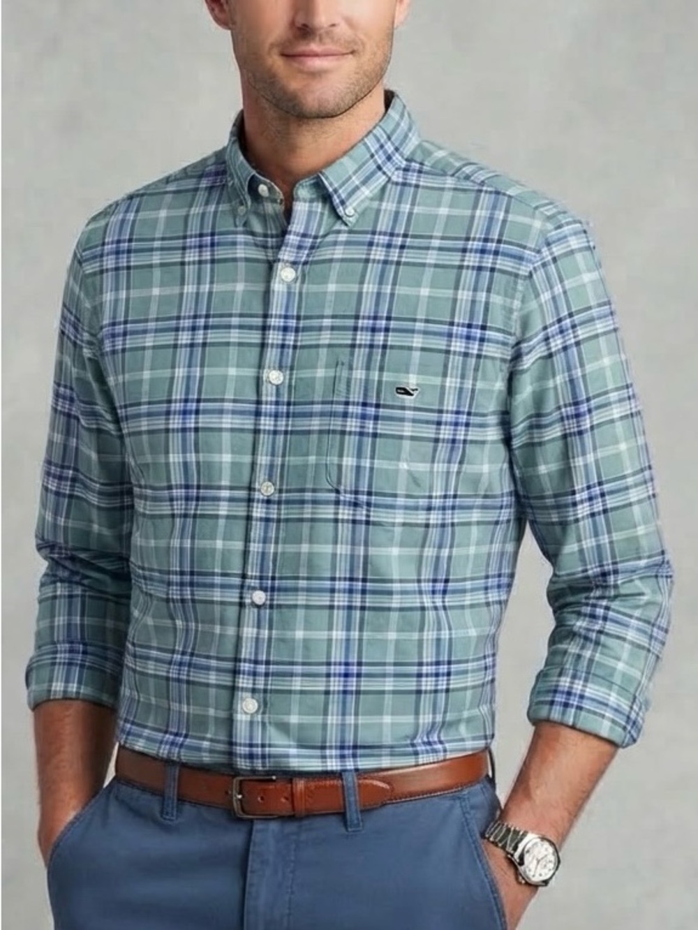 Vineyard Vines Men’s Green Blue Plaid Cotton Linen Button Down Shirt L